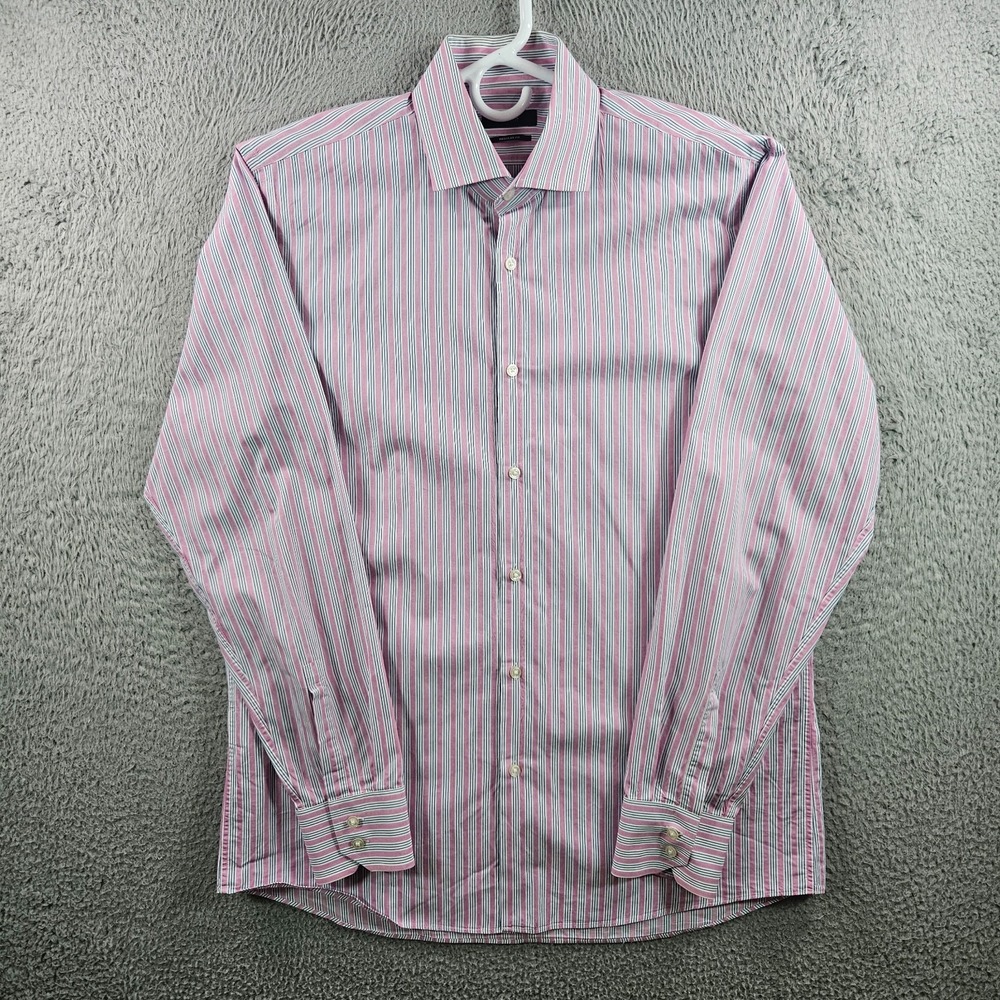 Boss‎ Hugo Boss Dress Shirt Men 16 34 35 Button Up Log Sleeve Pink Striped
